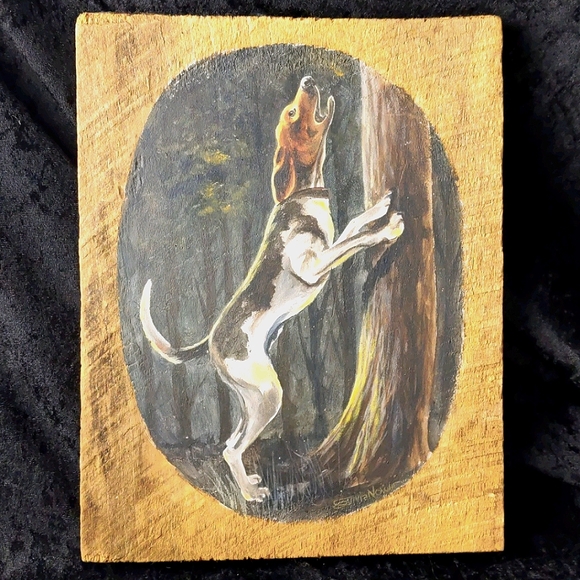 Coonhound painting on wood slab Sylvia Nowlin